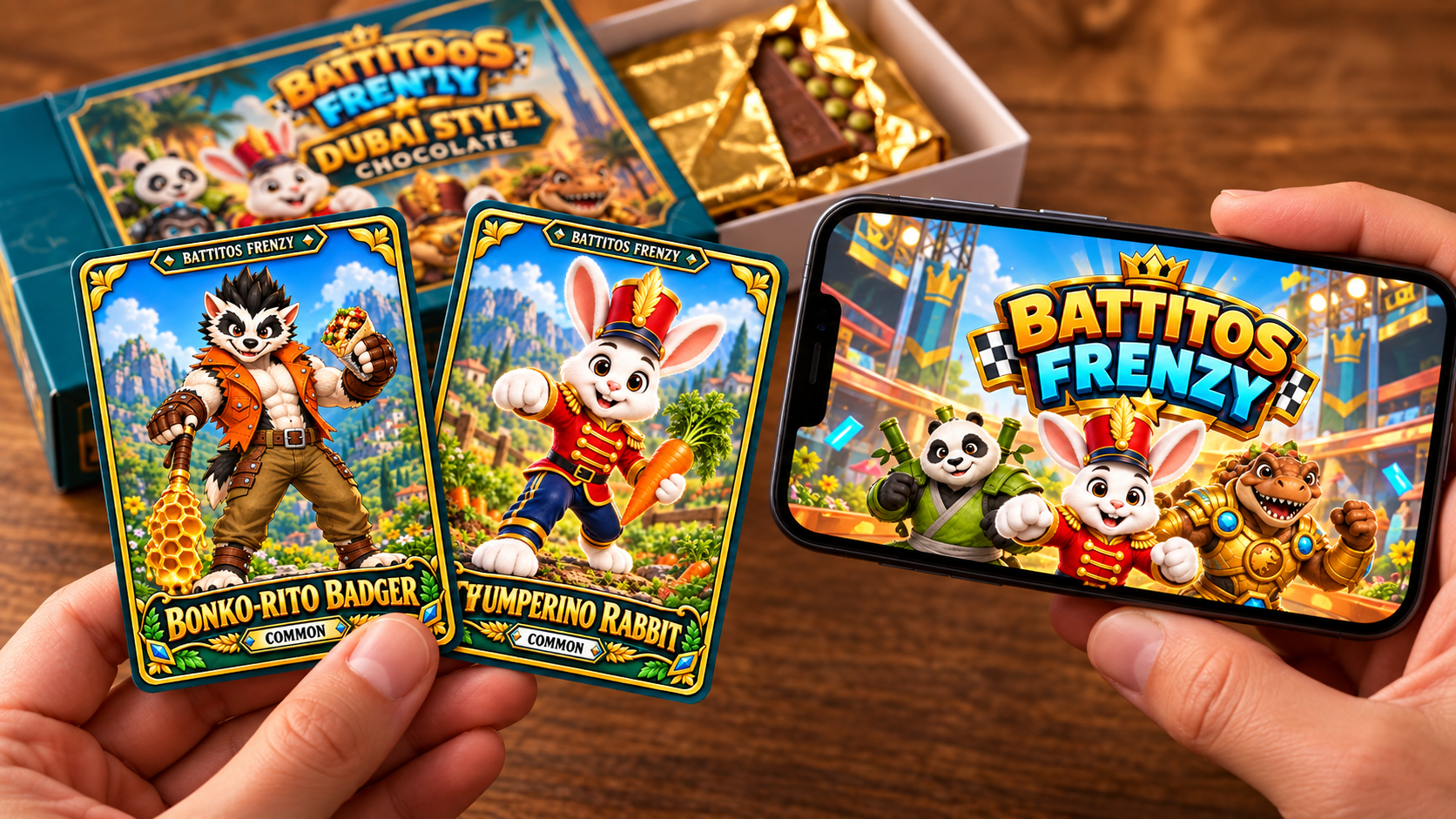 Two Battitos fighter cards beside the chocolate pack and game on a phone