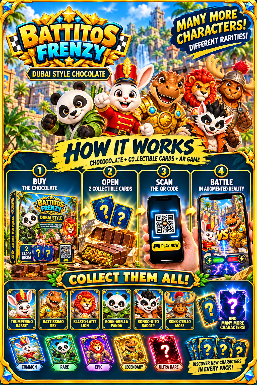 Battitos character lineup, including Rabbit, Rex, Lion, Panda, Badger, and Moose