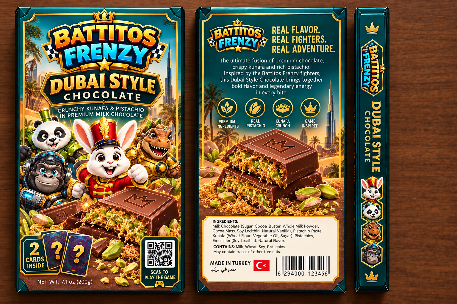 Updated Battitos Frenzy Dubai-style chocolate package, showing front, back, and side design